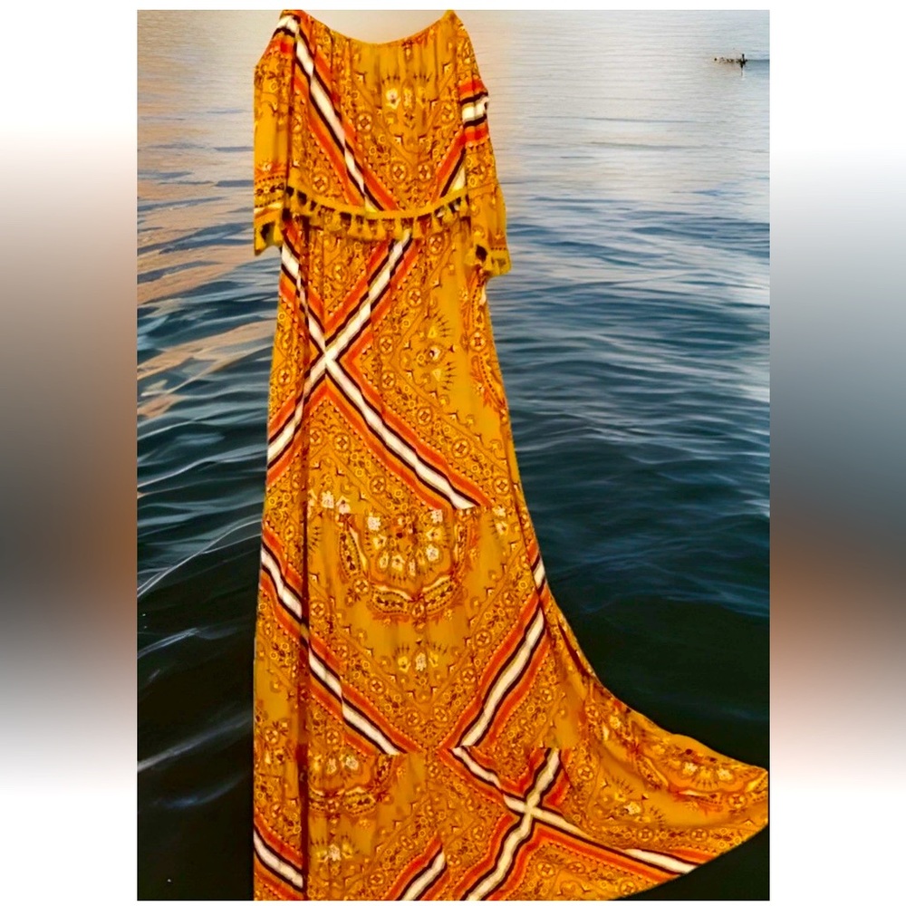 Forever 21 Dress S Mustard Yellow Rayon Boho Hippie Peasant Fringe Trim Sundress